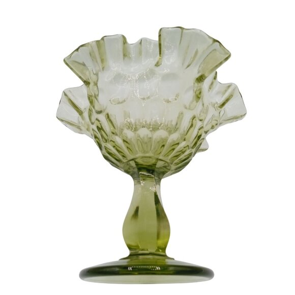 Vintage Fenton Glass Candy Dish Pedestal Green Thumbprint Ruffle Rim Compote 6" - Picture 10 of 15